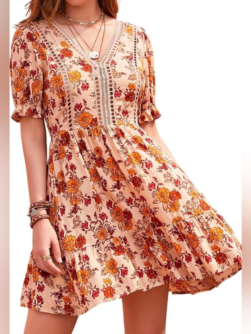 Floral Lace-Trim V-Neck Dress in Peachy Cream